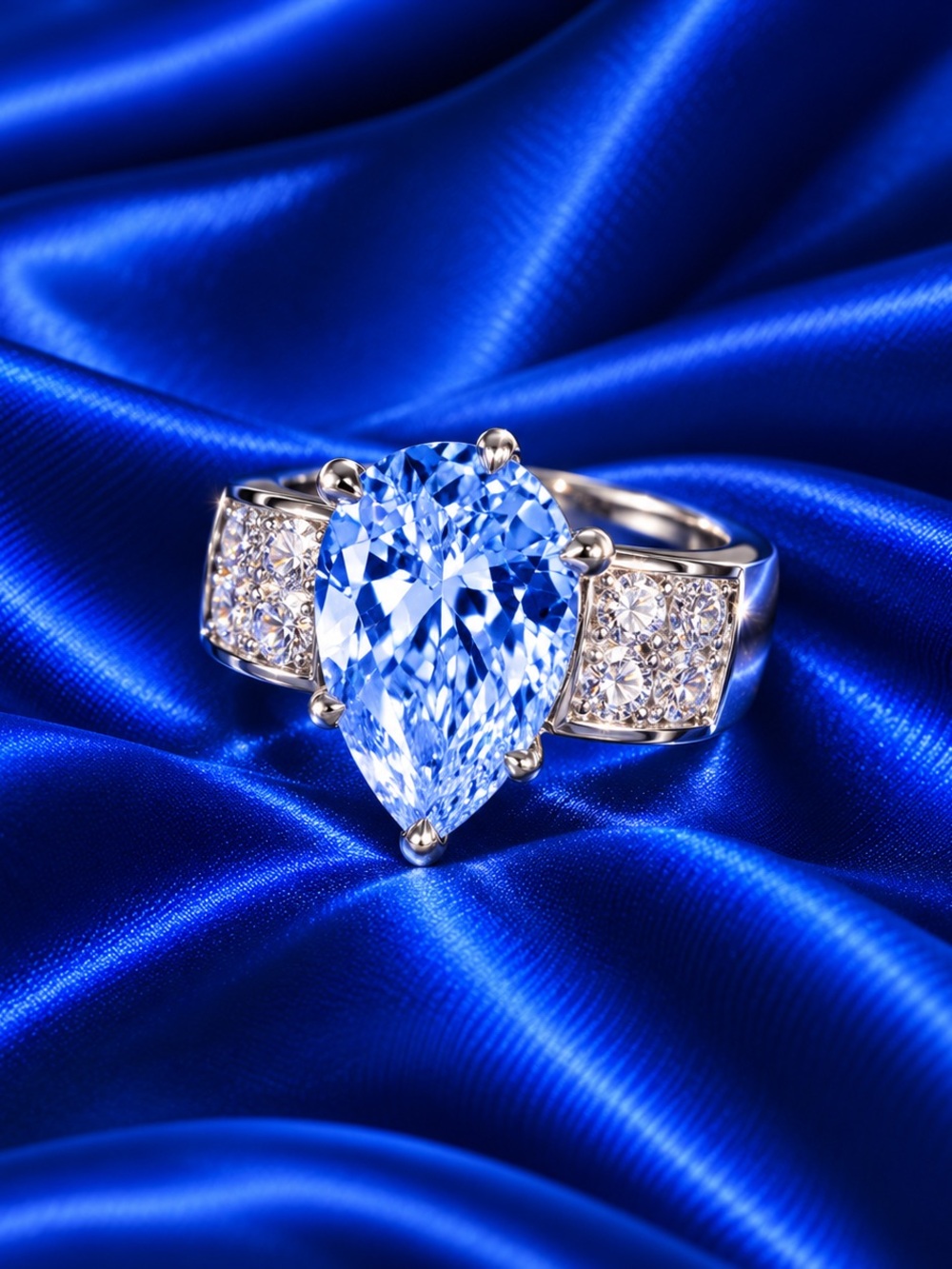 Blue Pear Cut CZ Statement Ring Silver Tone Pavé Band 11 NWT